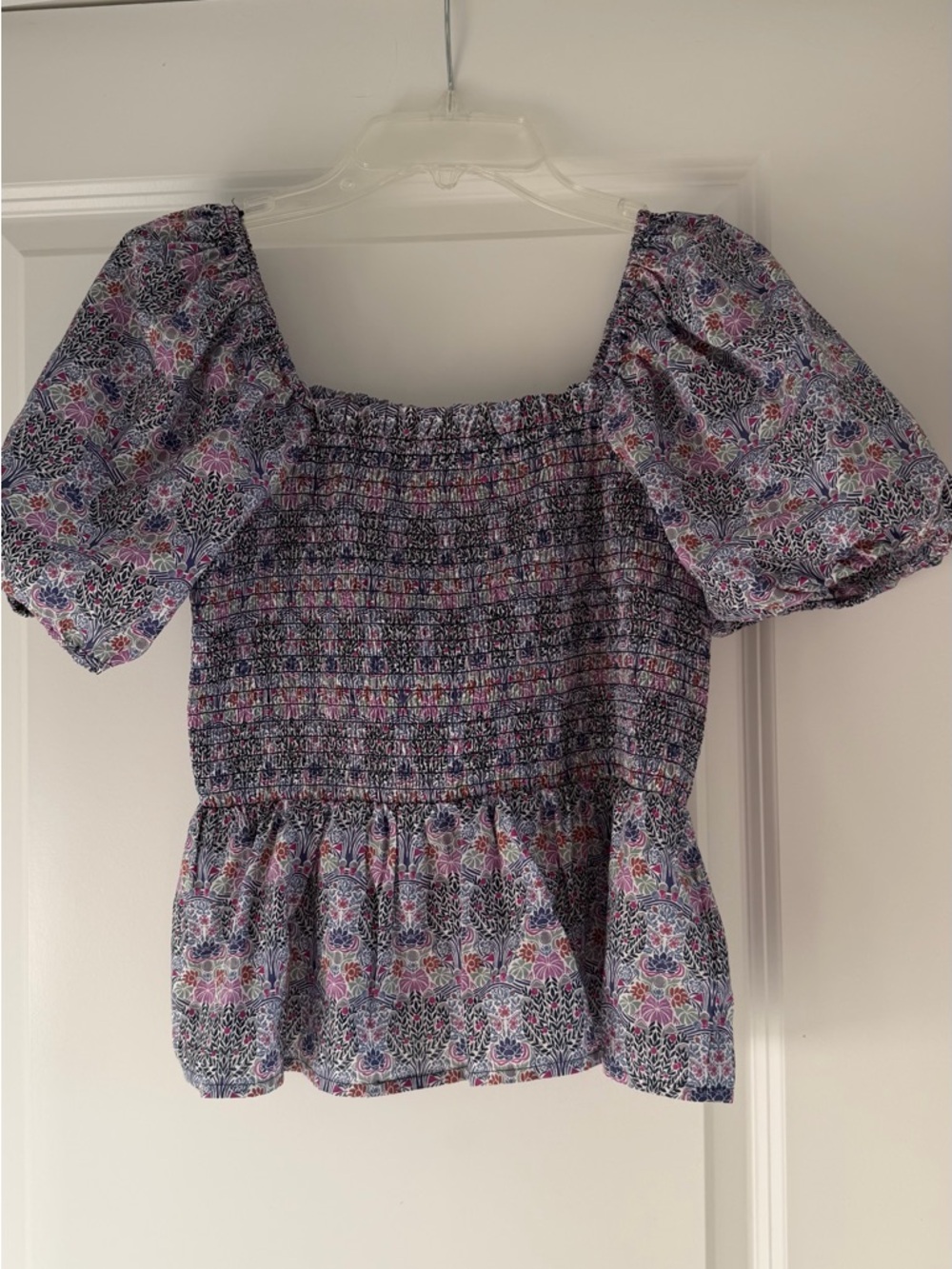 J. Crew Purple Floral Smocked Puff-Sleeve Top 100% cotton